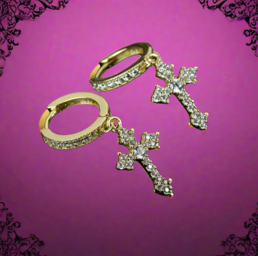 Gold Chrome Heart Cross Earrings