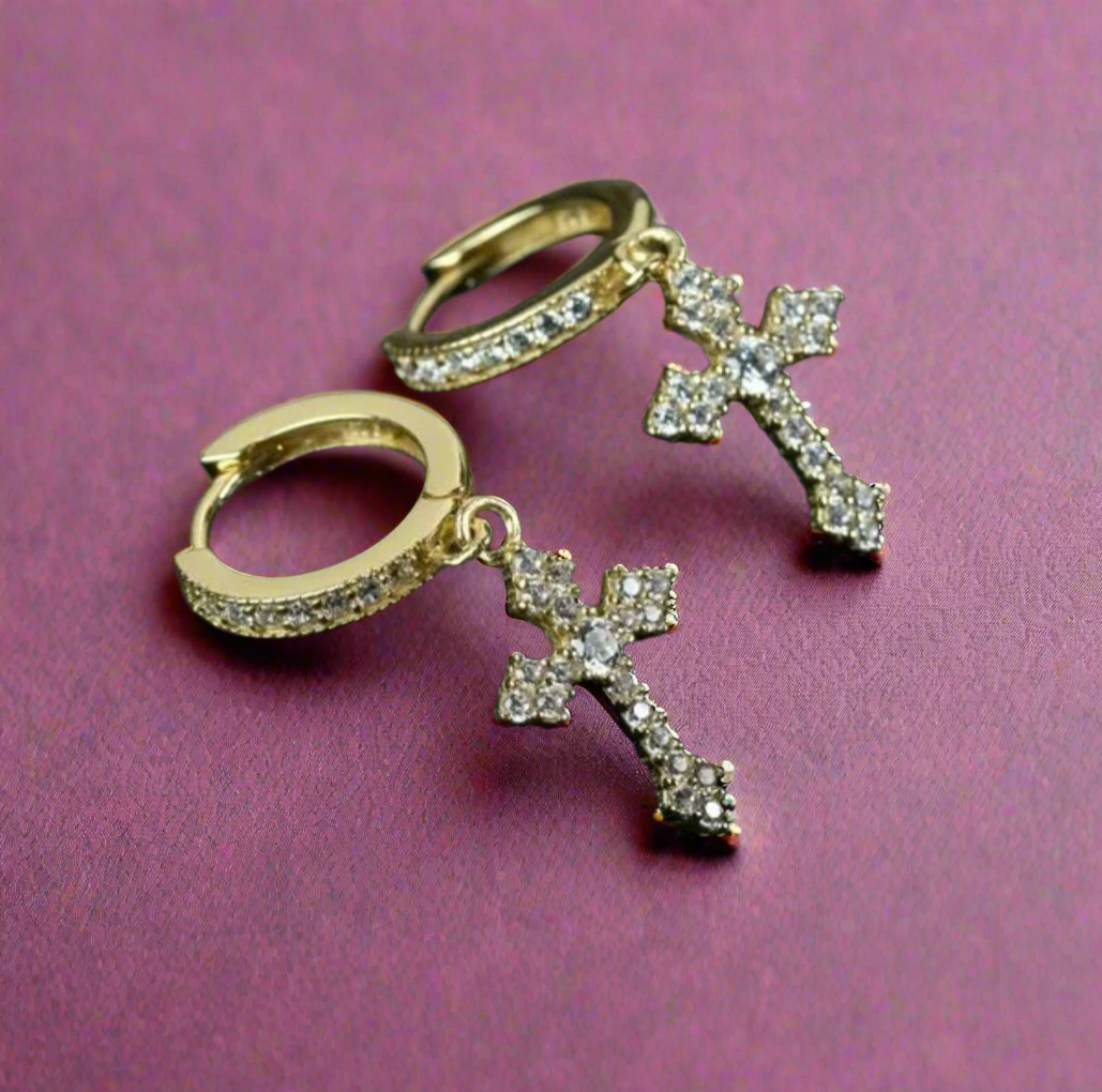 Gold Chrome Heart Cross Earrings