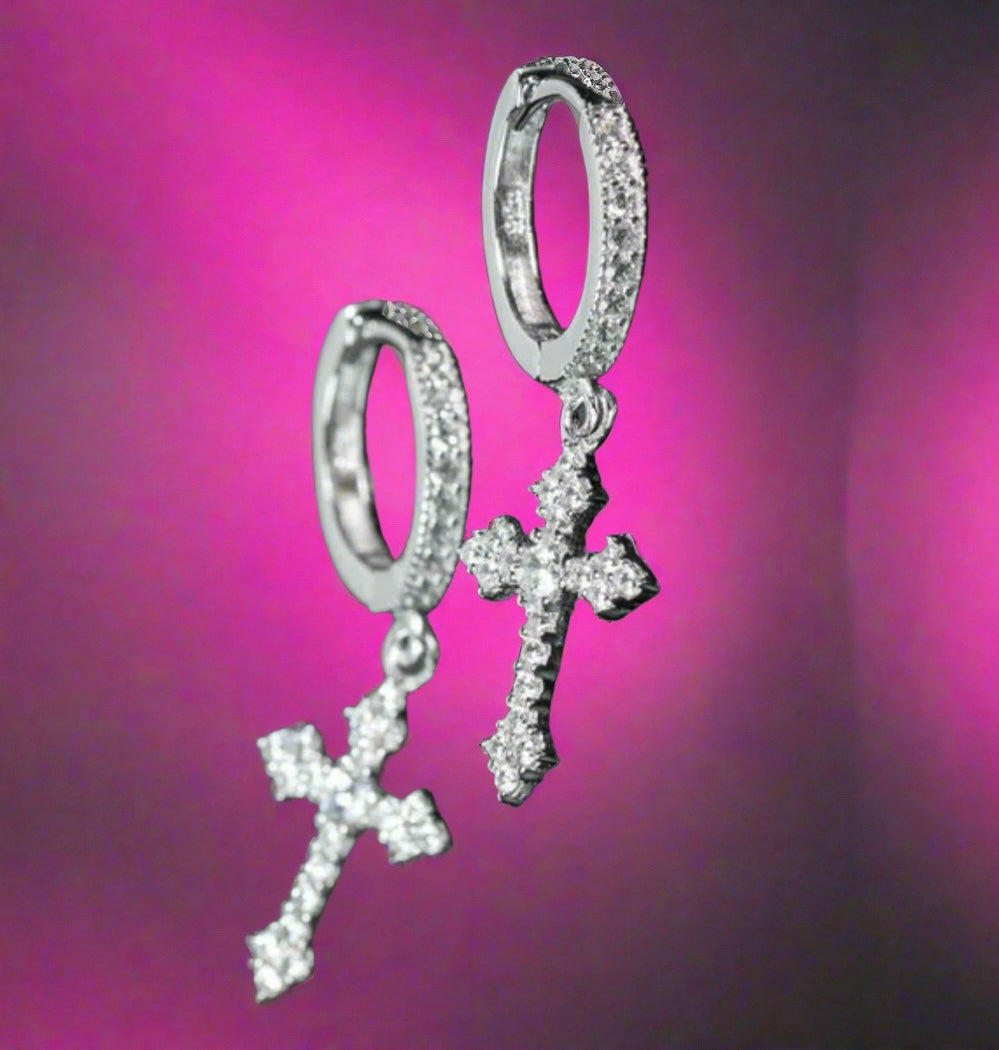 Silver Chrome Heart Cross Earrings