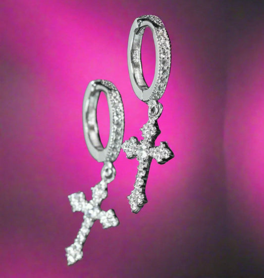 Silver Chrome Heart Cross Earrings